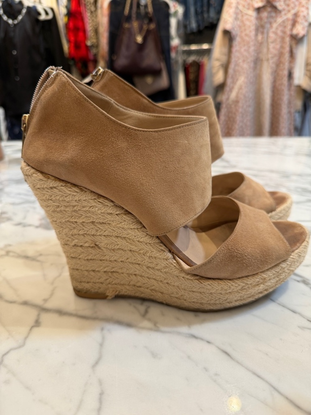 Jimmy Choo Tan Suede Espadrille Wedge Sandals